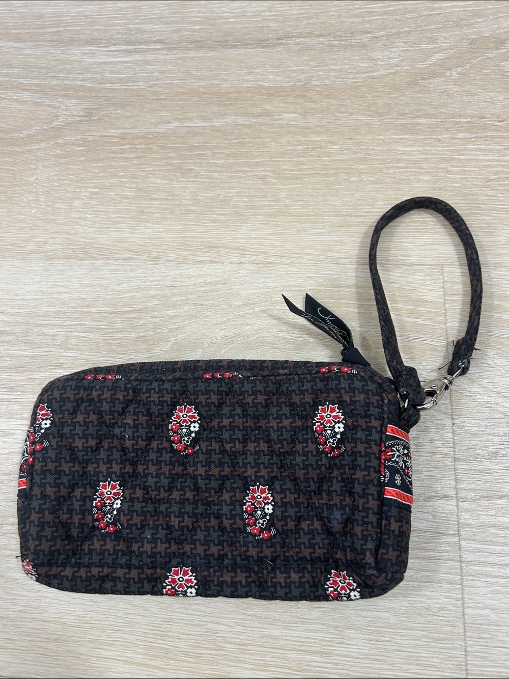 Vera Bradley Black and Red Quilted Wristlet Pouch with Floral Accents